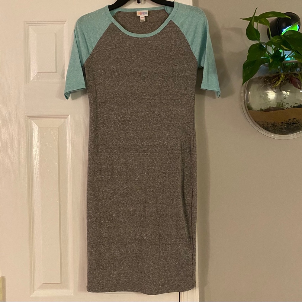 LuLaRoe Two Tone Knee Length Julia Dress Gray Teal Size XXS Color Block